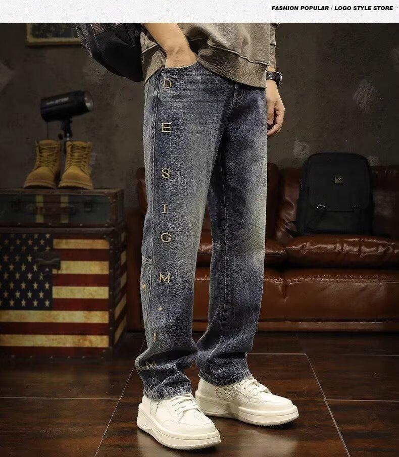 

Мужские джинсы Американский уличный стиль Вышивка букв Широкие Зимние L синий