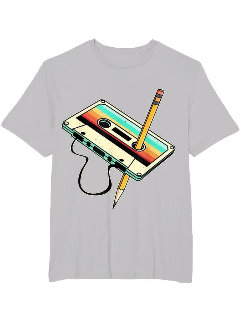 Camiseta Masculina 3D Impressa Lápis Fita Cassete Anos 80 Camiseta Retro Música Anos 1980 Roupa Masculina Camiseta Vintage Camisetas