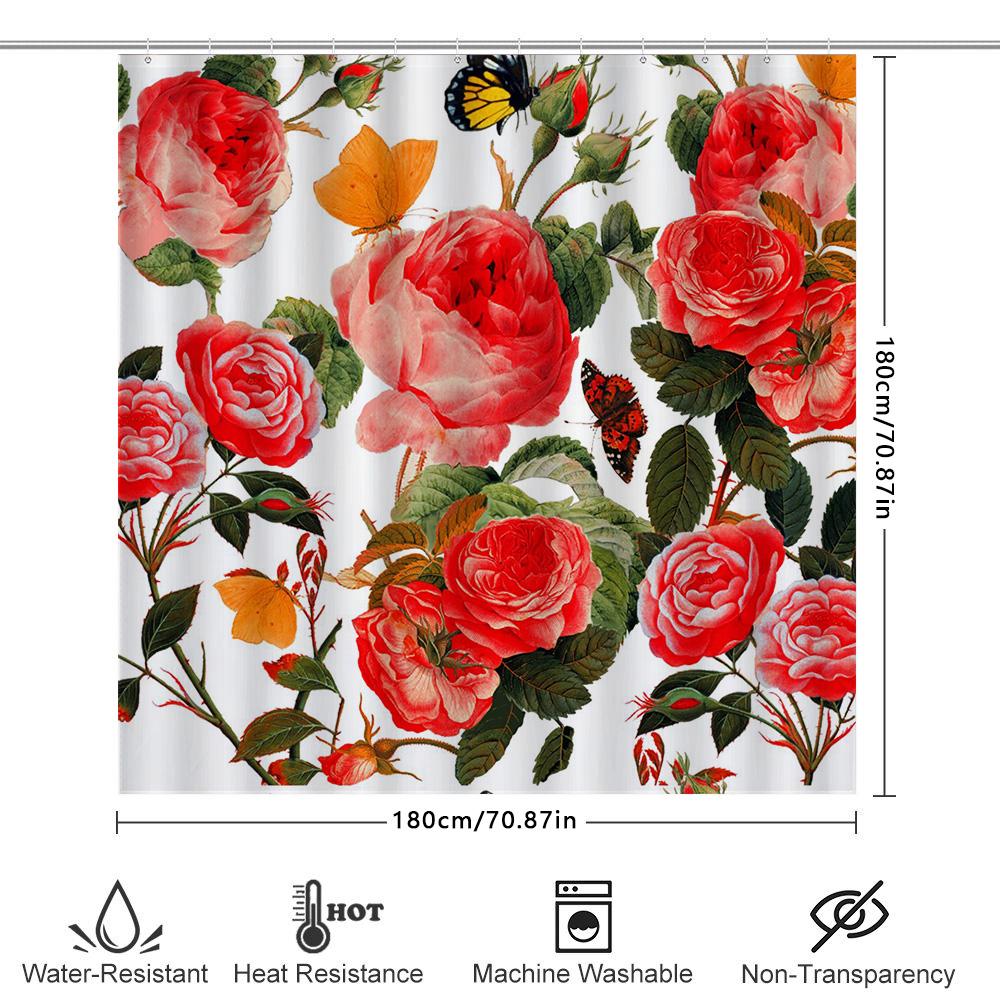 Watercolor-Style Floral Shower Curtains Featuring Red Roses, Orange Butterflies, Green Leaves And Pink Flowers Perfect For A Bat