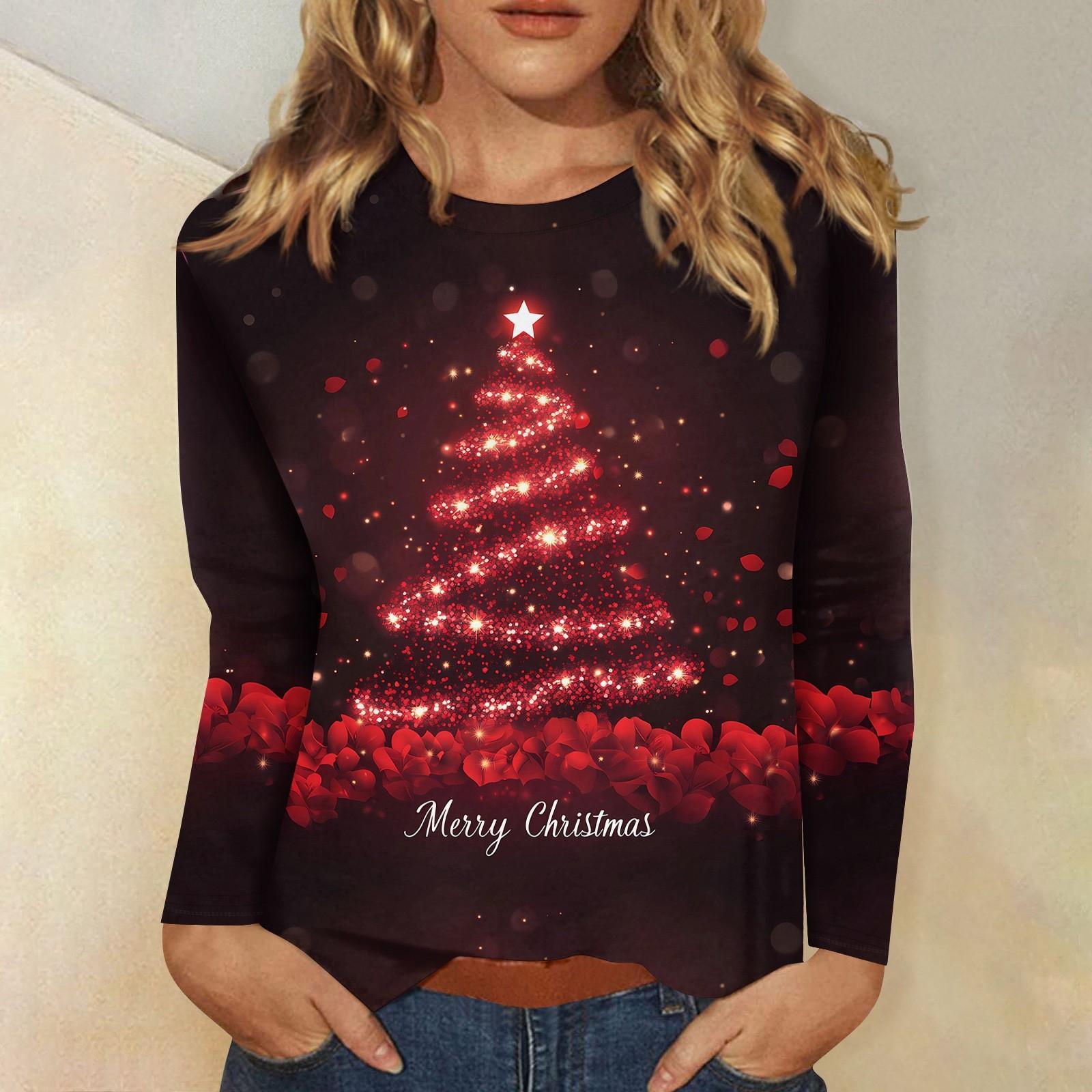 

Женская мода повседневный рождественский принт круглый вырез длинный рукав пуловер топ S винный