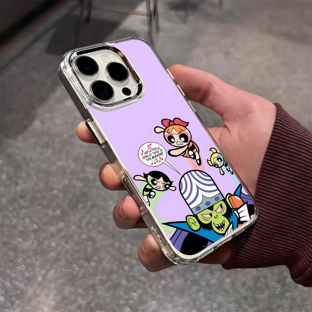 The P-Powerpuff Girls Cute Phone Case For IPhone 17 Air 16 E 15 14 13 12 11 Plus Pro Max Electroplated Transparent Soft Shell