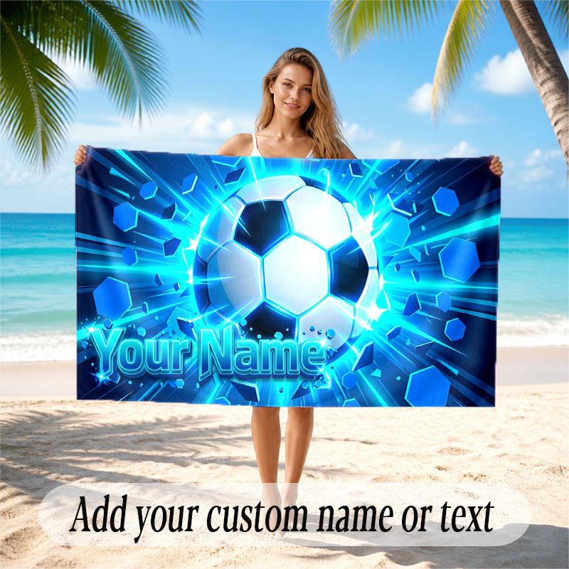 Soccer Theme Beach Towel Personalized Custom Name & Text Soft Quick Dry Beach Towel for Swimming Travel