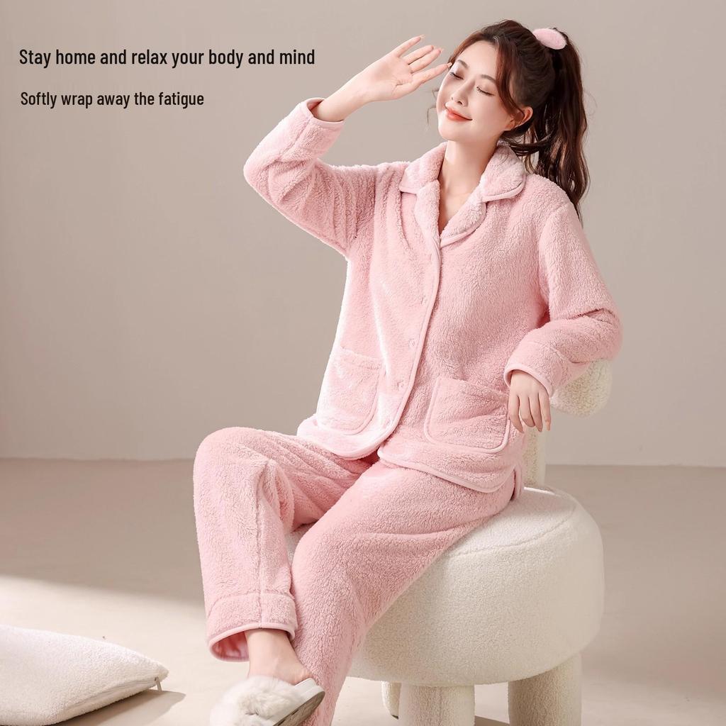 Women's Plus Velvet Coral Fleece Pajamas - Thickened Soft Homewear Set for Girls, Autumn/Winter 2025 New