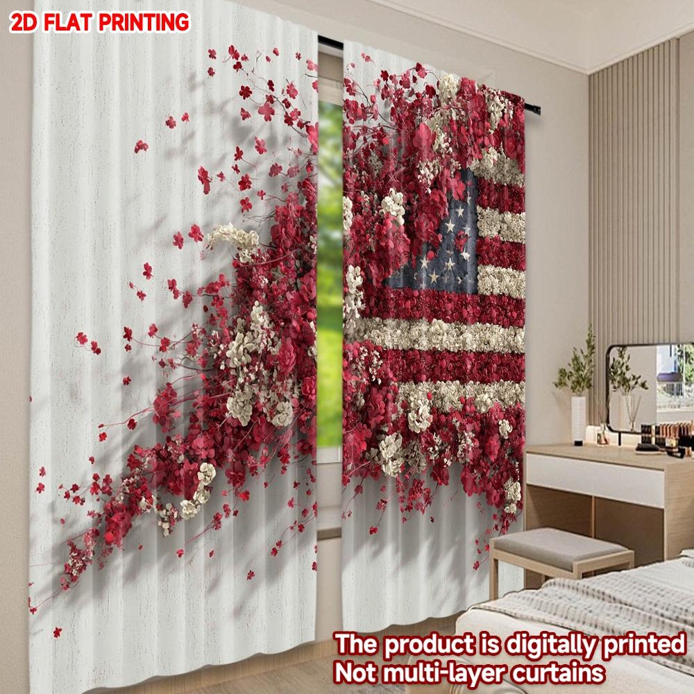 Amerikanische Flagge Blumenvorhänge Digitaldruck Rote Weiße Blumen Sternenmuster Patriotische Wohnzimmer Schlafzimmer Dekor Vorhangset aus 2 Stück Gefertigt Polyester
