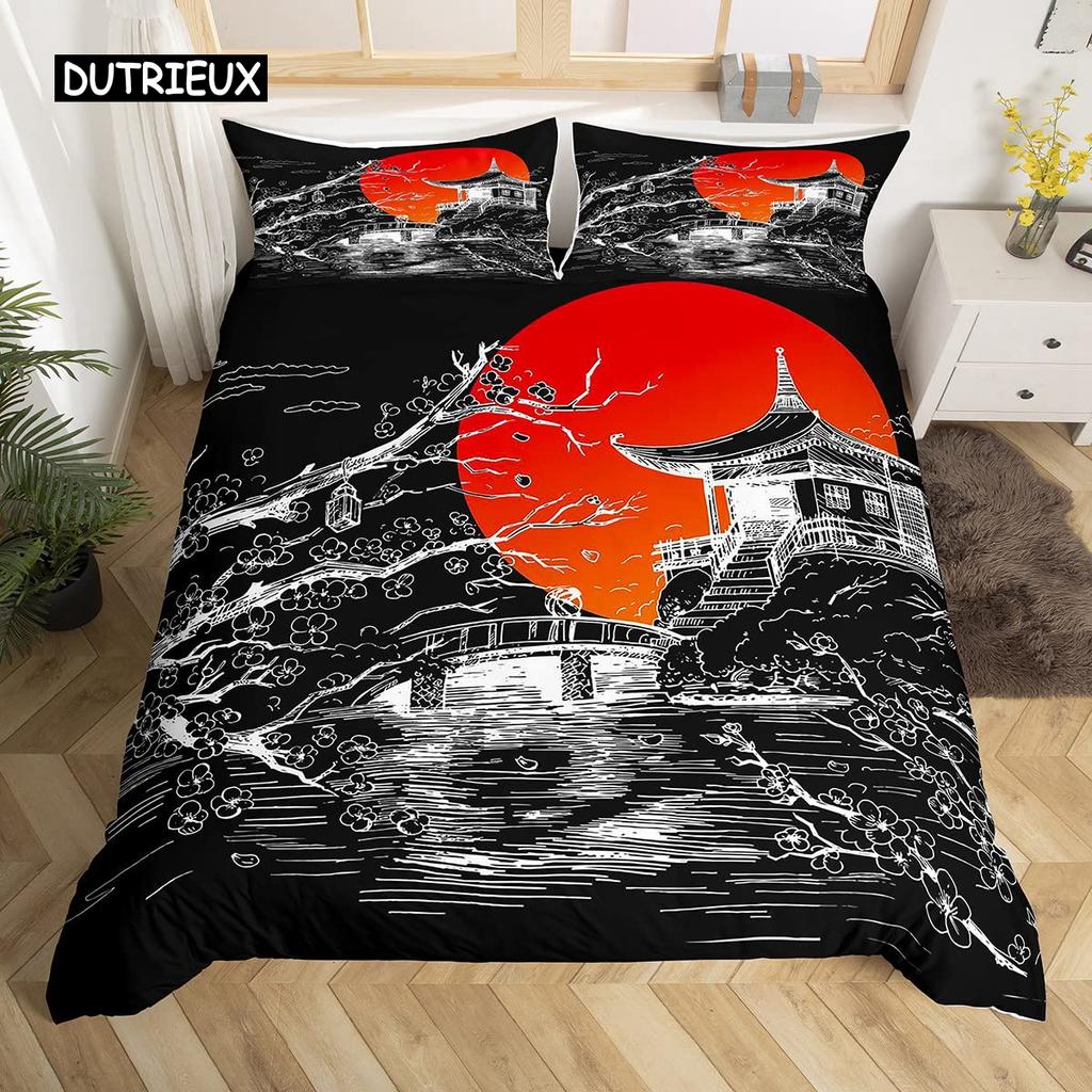 Zestaw Poszwy na Kołdrę King Kwiaty Wiśni Styl Japoński Motyw Romantyczny Różowy Zestaw Poszwy na Kołdrę Botaniczny Floralny Nadruk Kołdra