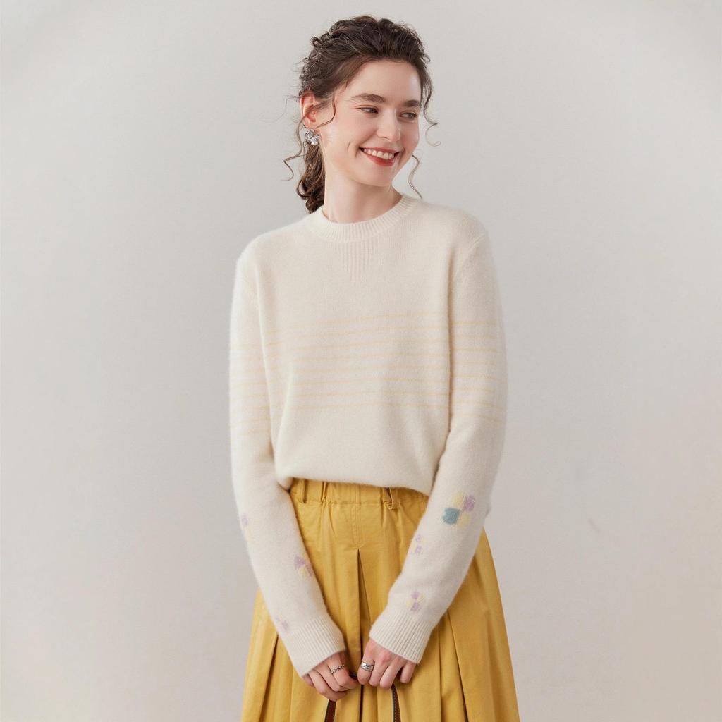 Women's Thickened Fleece Striped Knit Sweater - Light Luxury Autumn/Winter Round Neck Top
