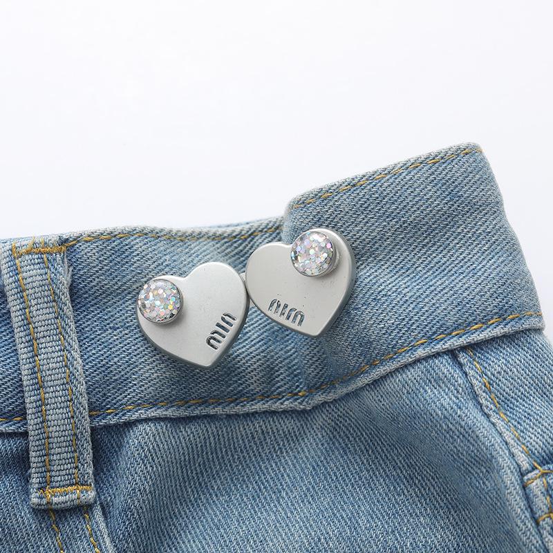 Adjustable Rhinestone Heart Waist Cincher: Detachable No-Sew Button for Easy Jeans Tightening