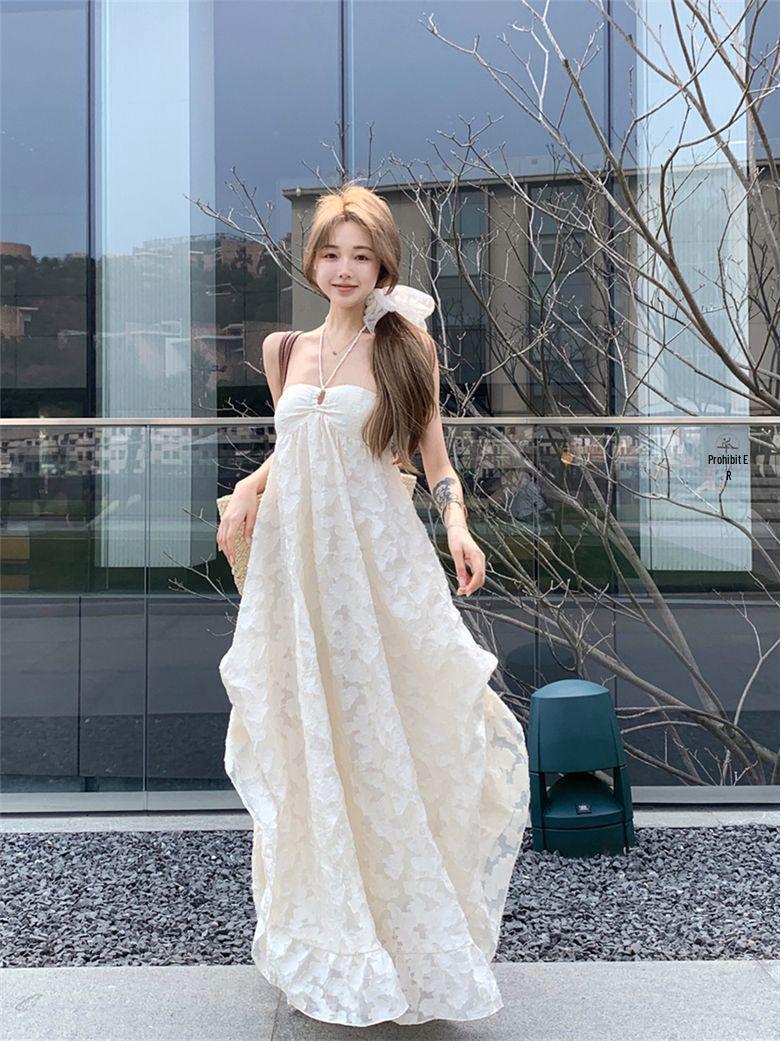 

French Halter Neck Backless Maxi Dress - Summer Seaside Style, Loose A-Line Fit, Elegant and Airy Design M слонова кістка/білий