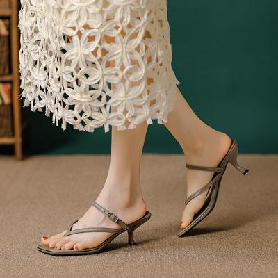 2025 New Summer French High Heels Stiletto Fashion Square Head Pinch Sandals Kitten and Flip-flops Cool Slippers