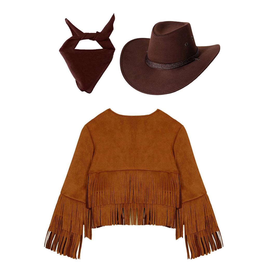 Unisex Kinder Cowboy Cowgirl Kostüm Set Fransenweste Langarm Zylinder Bandana Verkleidung