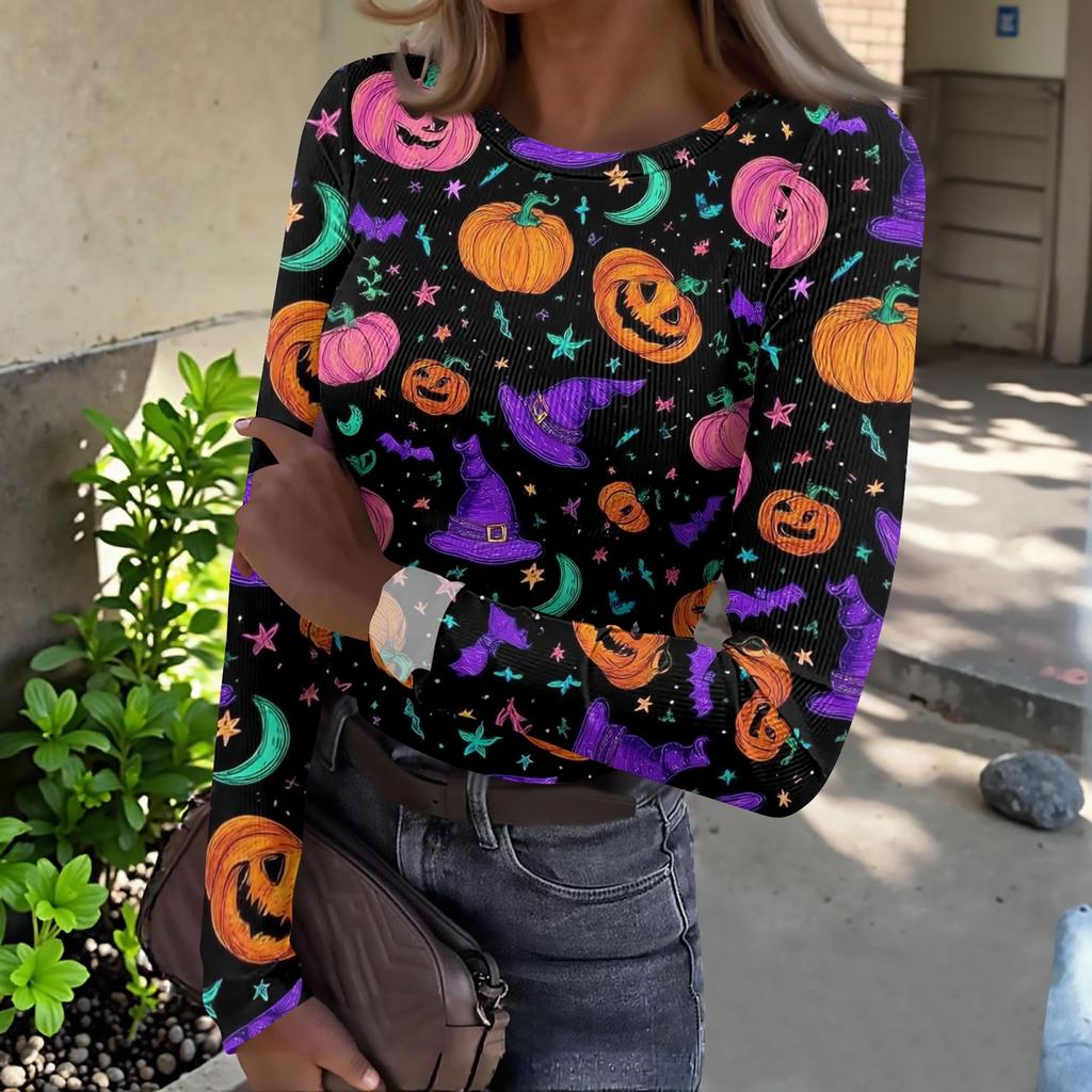 Women's Casual Long Sleeve Ribbed Top Halloween Print Round Neck Stretchy Slim Fit Pullover Shirt for Fall and Winter