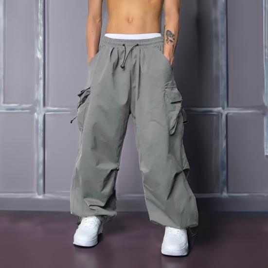 Men Casual Cargo Pants Hip Hop Baggy Trousers with Pockets Low-Rise Elastic Waist Drawstring Loose Pants for Spring Autumn Street Travel