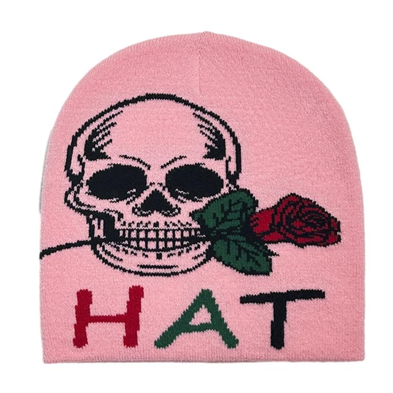 Teens Elastic Beanie Knit Skull Caps with Jacquard Skull&Rose Pattern Skiing Hat