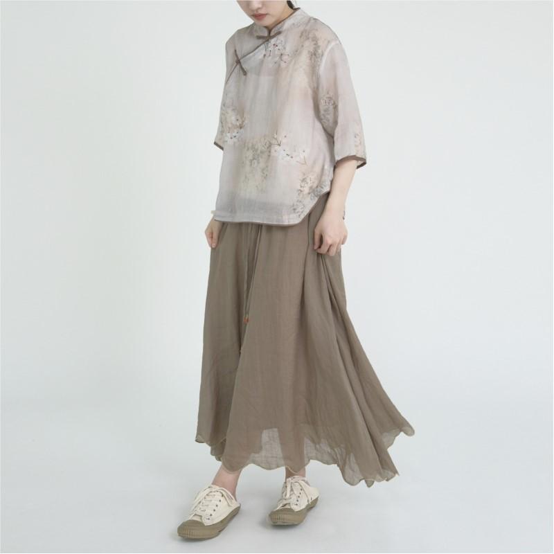 Johnature Women Chinese Style Shirts Tops Print Floral Stand Button Seven Sleeve Blouses Summer Vintage Shirts