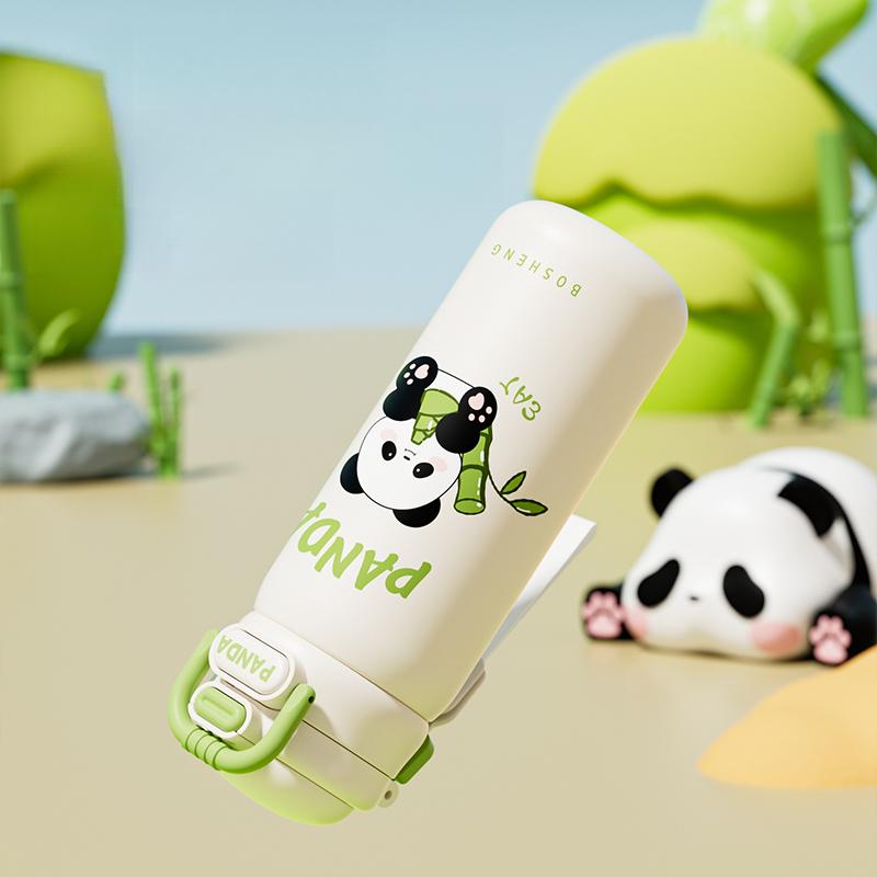 Edelstahl Thermobecher niedlicher Panda Strohhalm Wasserbecher Kinder und Studenten doppelter elastischer Deckel Tide Play Sportwasserbecher