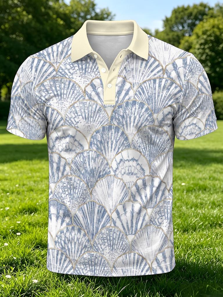 Men's Outdoor Polo Shirt, Available in Multiple Sizes, Featuring an All-over Blue-toned Seashell Texture Print. This Men's Top Is Suitable for Hiking,