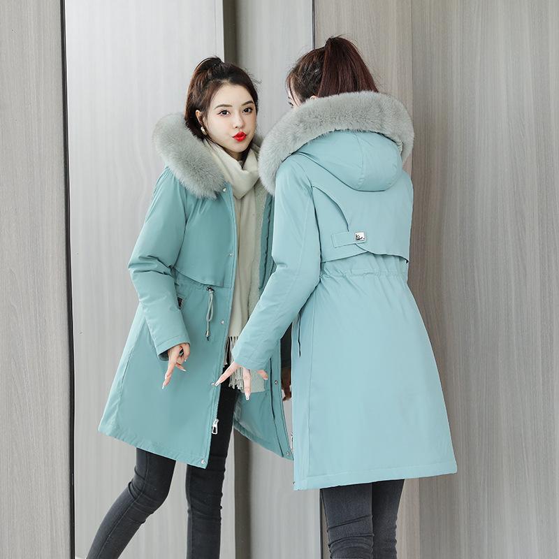 Parker Cotton-padded Jacket Women's Long-style Autumn and Winter New Waist Plus Velvet Padded Coat with Large Fur Collar Ladies Cotton-padded Jacket