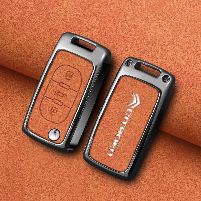 Zinc Alloy Leather Car Flip Key Case Cover Protector Shell Fob Key For Citroen C1 C2 C3 C4 C5 XSARA PICA Auto Accessories