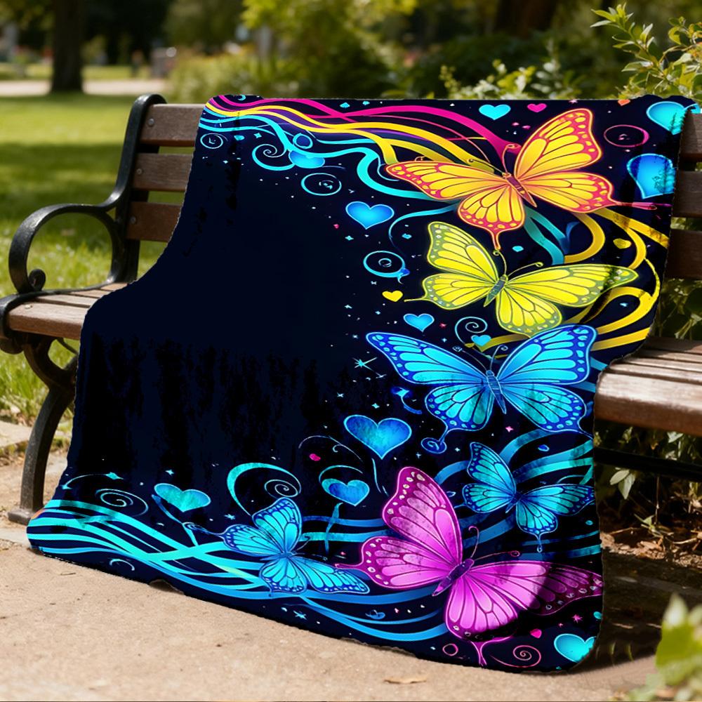 1pc Butterfly Print Outdoor Flannel Blanket , Machine Washable Perfect Gift for Birthday , Holiday Travel Accessory , Durable Material