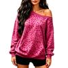 Women's Casual Round Neck Cold Shoulder Leopard Print Long Sleeve Loose Fit Sweatshirt with Pockets
