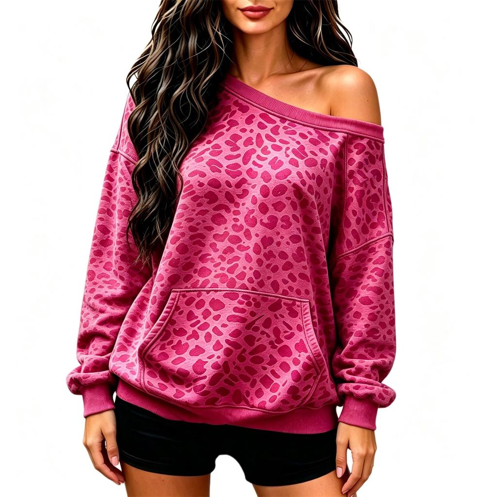 Women's Casual Round Neck Cold Shoulder Leopard Print Long Sleeve Loose Fit Sweatshirt with Pockets