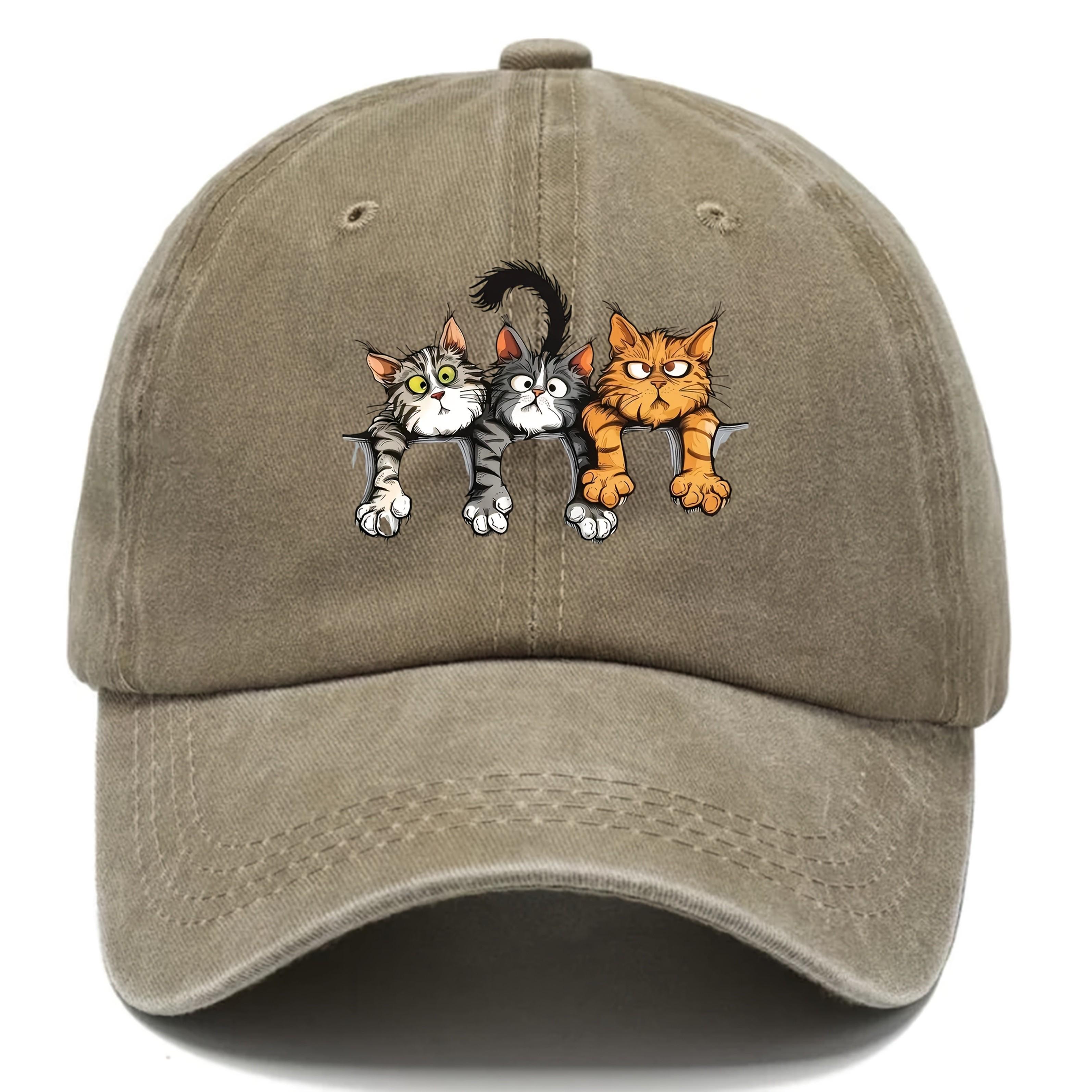 Three Cats Peeking Out Cartoon Print Washed Baseball Cap Breathable Casual Cotton Adjustable Hat One Size