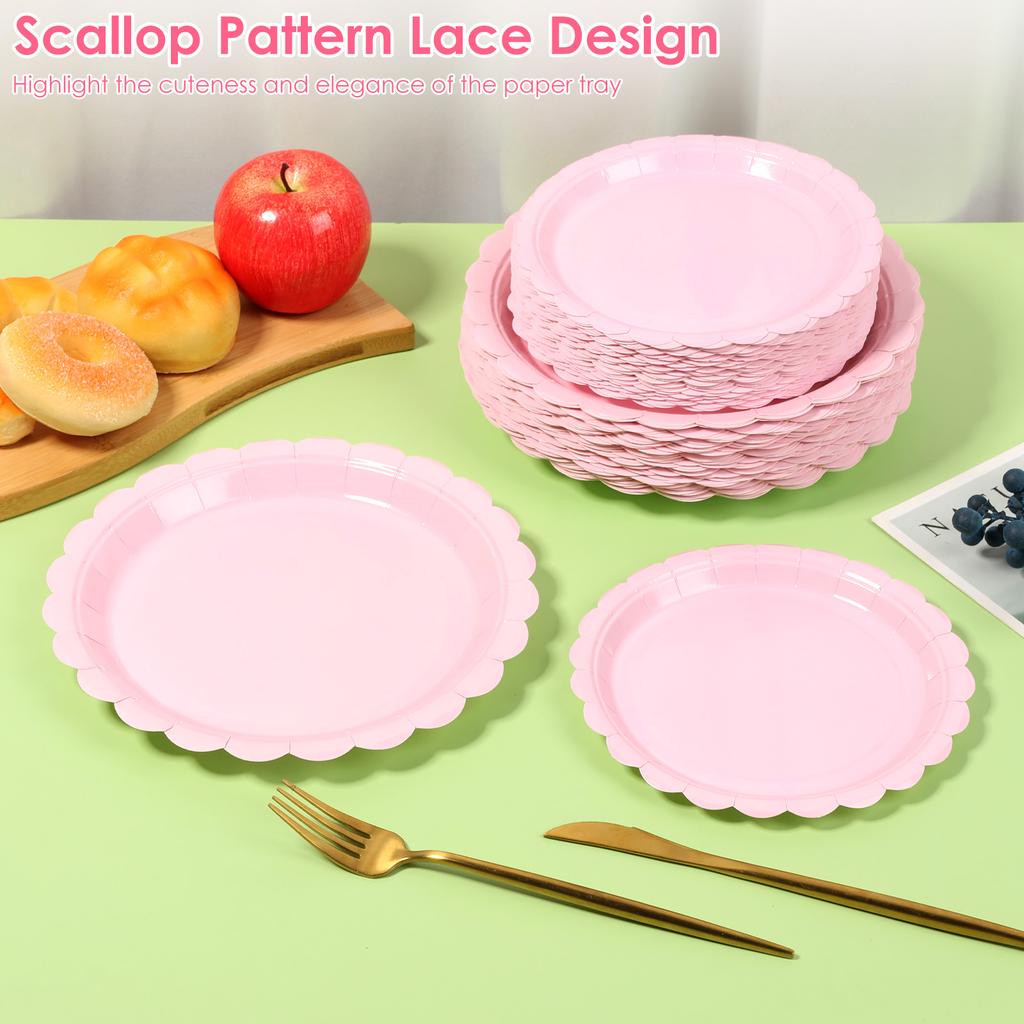 100Pcs Thickened Scalloped Paper Plate Set 7/8.8'' Decorative Scalloped Dinner Plate Disposable Dessert Plate for Wedding Party