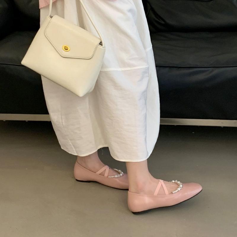 French literary pearl Mary Jane shoes women's cross belt shallow mouth flat bottom small leather shoes one pedal single shoes