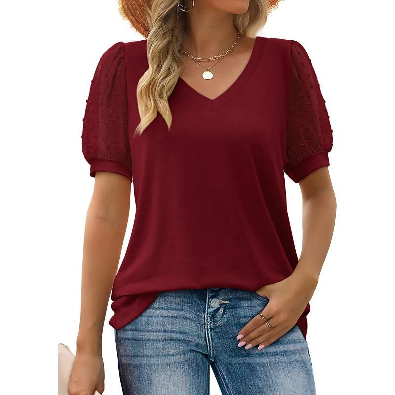 Summer Women's T-shirt Solid Color V-neck Simple Mesh Bubble Sleeves Tee Shirts