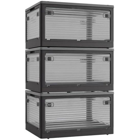X XUNTAO Storage Box Folding 5-Sided Opening Clothing Case Lid Container (S Set 3 Black Semi-Transparent)