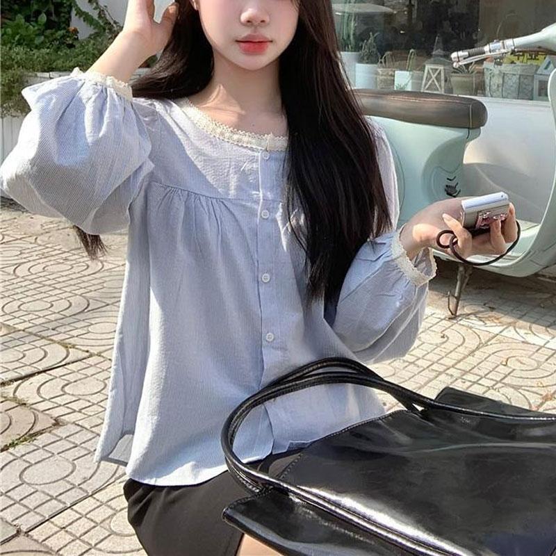 Autumn Korean New Style Fashionable Loose Lace Splicing Niche Design Long-sleeved Shirt Top for Women