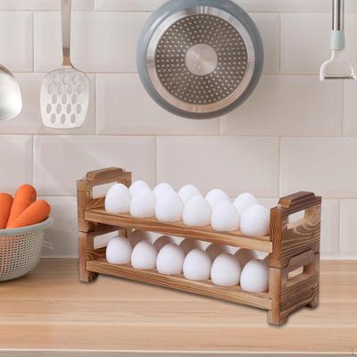 Egg Tray Fridge Organizer with Handles, Countertop Eggs Rack, Wooden Holder for Farmhouse