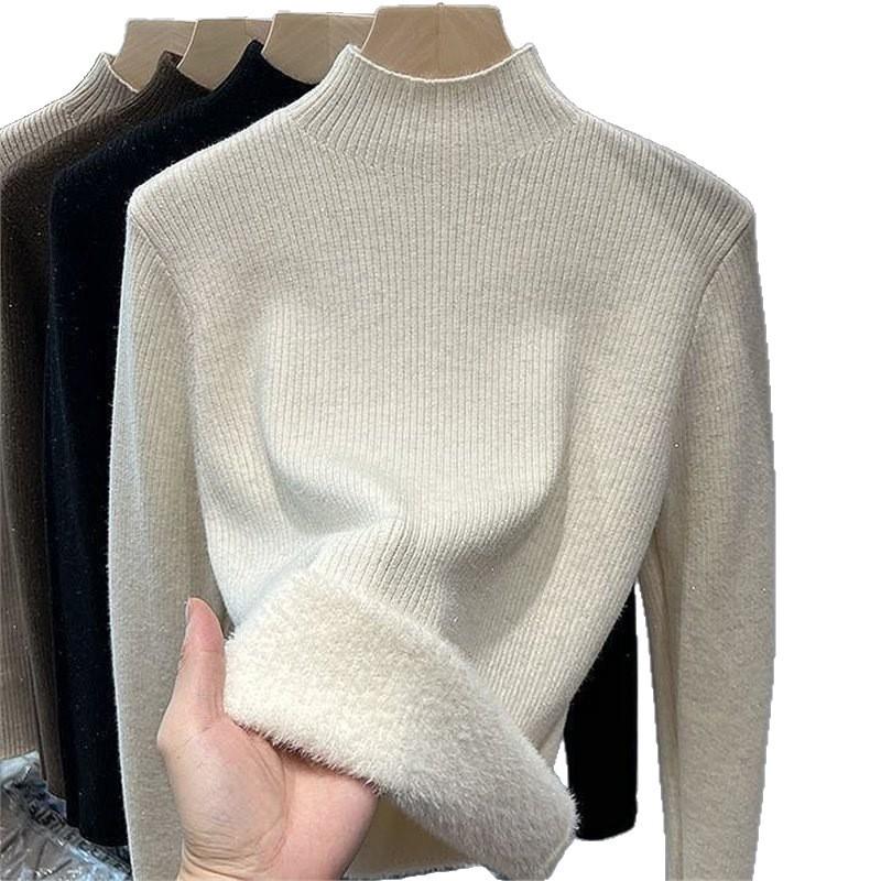 Semi-turtleneck plush thick sweater women's autumn and winter high-end knitted sweater integrated plush warm inner bottoming shirt top
