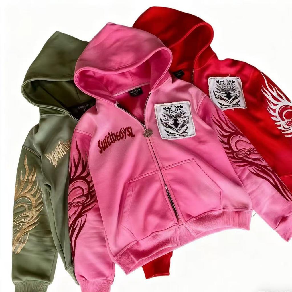 Maglione stampato transfrontaliero nuovo 9OESH felpa con cappuccio trendy a forma di cuore 2024 giacca cardigan con cerniera versatile di grande successo