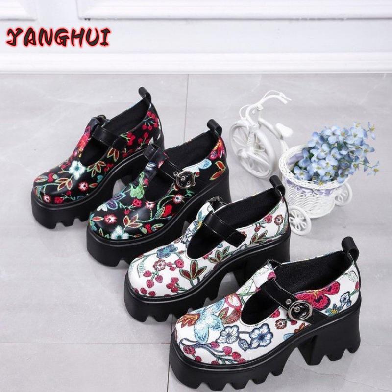 Spring and Autumn New Fashion Retro Printed Small Leather Shoes Women's Comfortable Versatile Thick Sole Thick Heels Shoes Mujer
