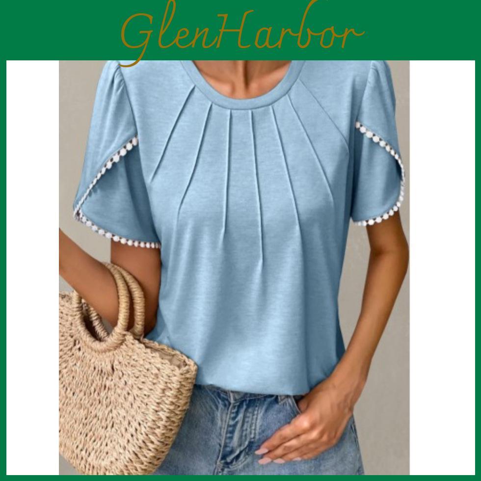 Polyester Casual T Shirt With Ruffle Sleeve And Round Neck For Summer Wear