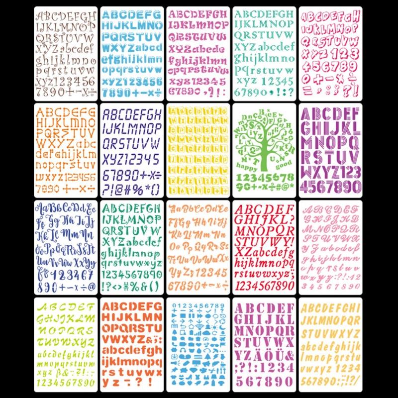 20 Peças Stencils Vazados de Letras/Números para Grafite Alfabeto Stencil Plástico Letras Stencils Caligrafia Stencil