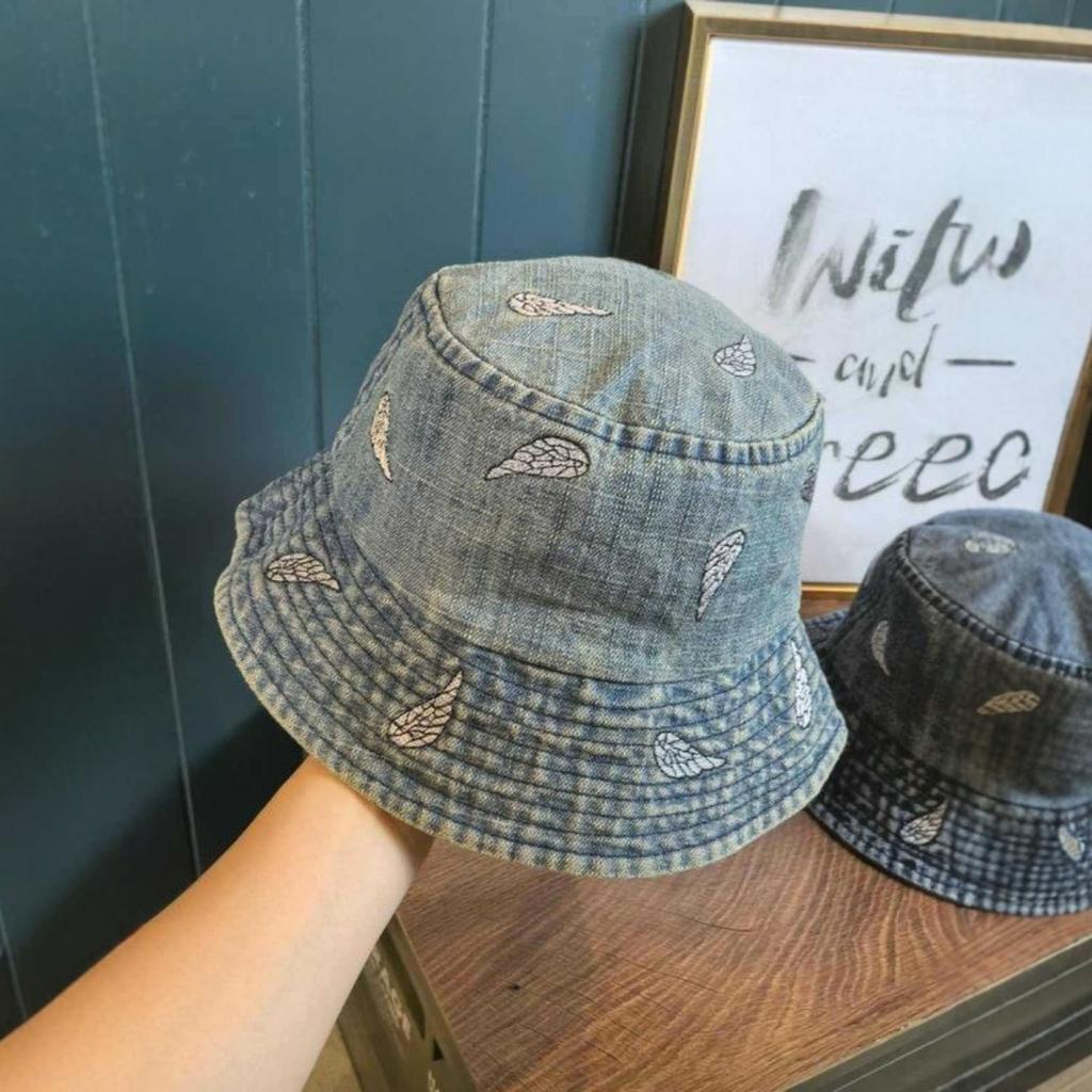 Leaf Embroidery Denim Fisherman Hat Children Spring and Autumn Washed Retro Outdoor Versatile Sunshade Small Brim Bucket Hat