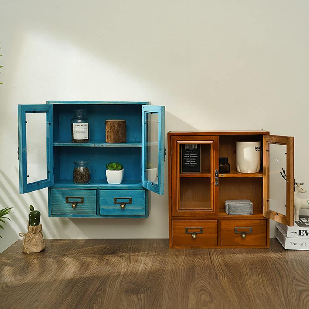 Antique-style Wooden Desk Shelf with Drawers, Desktop Storage Case, Office Desk Storage, Retro Double-Door Storage Box, Wall-Mountable Home Cabinet,