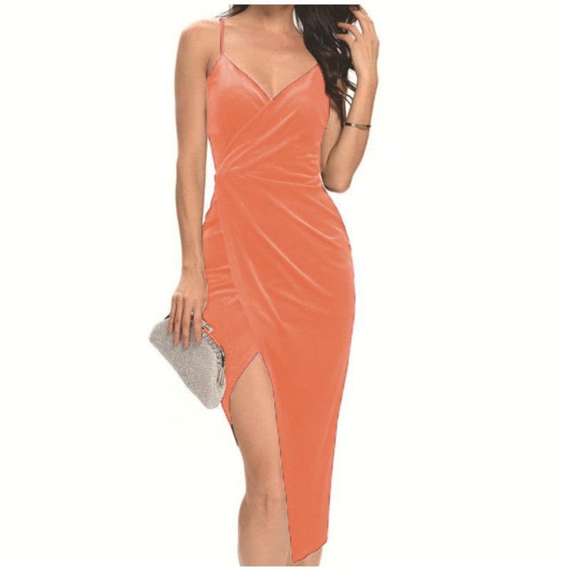 2026 New Velvet Slit Midi Dress, Sexy Spaghetti Strap Backless Evening Gown for Night Club & Party Wear