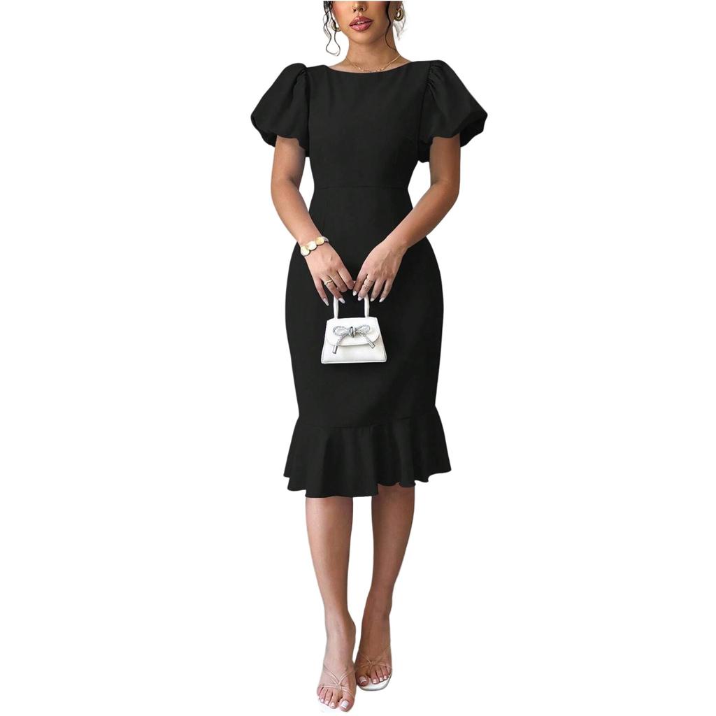 Women's Fashionable Solid Color Round Neck Short Sleeved Ruffle Sexy Elegant Fish Tail Dress