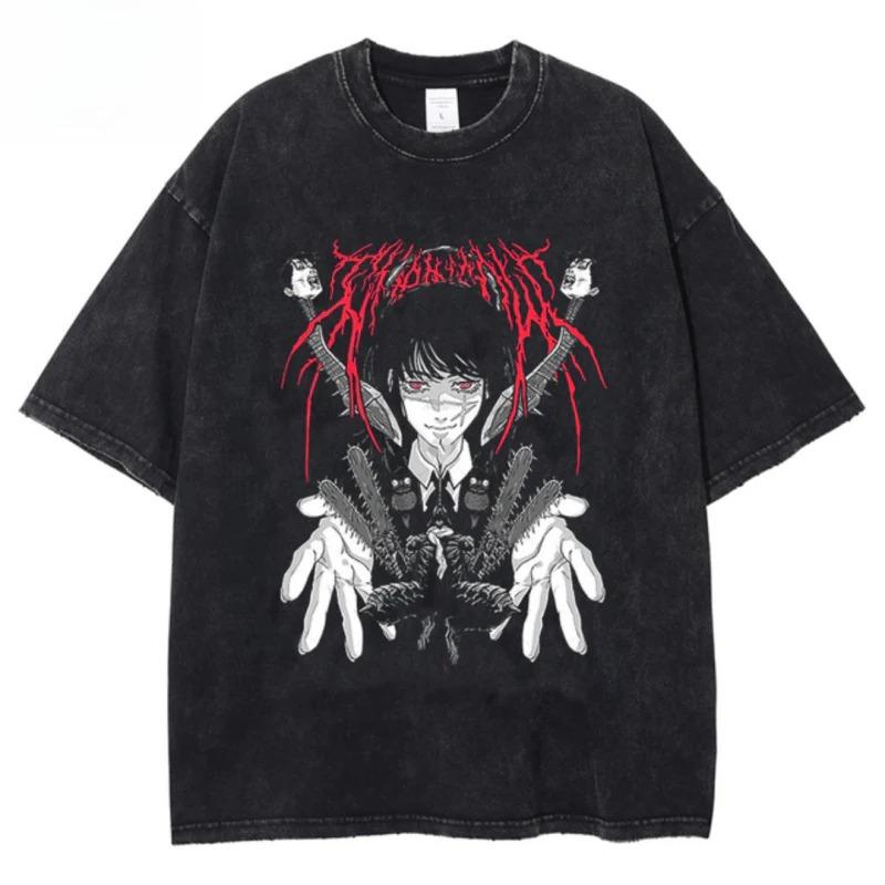 Kettensägenmann Power Anime Bedrucktes T-Shirt für Herren und Damen Gewaschenes T-Shirt Hohe Qualität Vintage Baumwoll-T-Shirt YK Tops