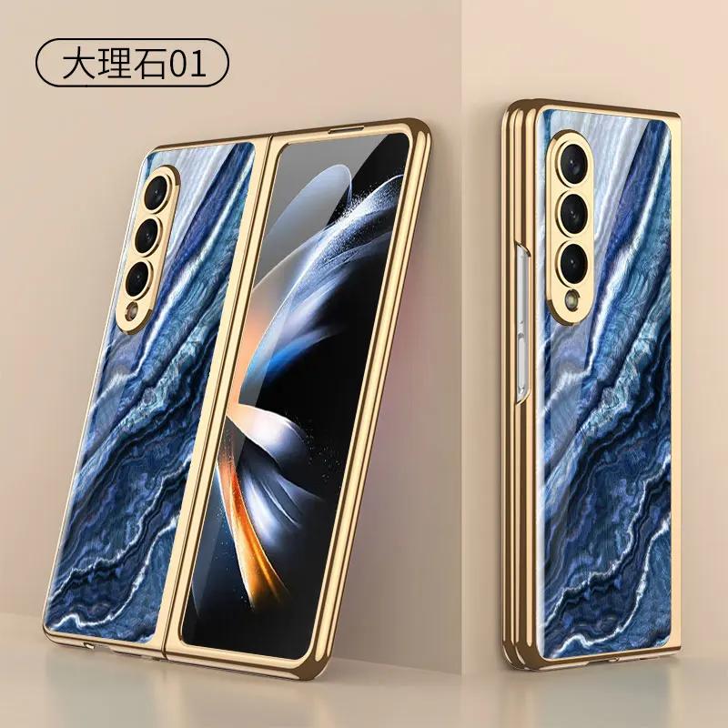 Luxury Plating Frame Case For Samsung Galaxy Z Fold 4 5G Painted Pattern Tempered Glass Hard Cover For Galaxy Z Fold5 4 3 Case
