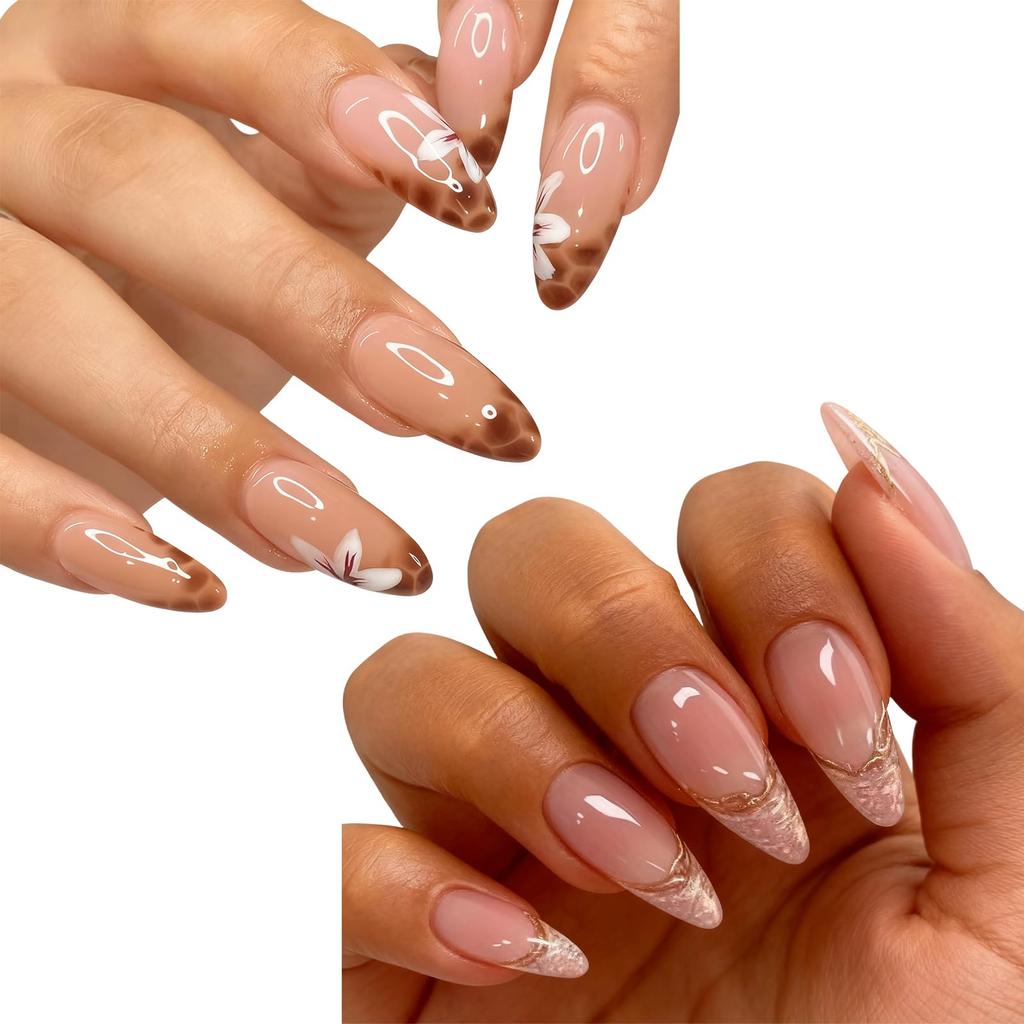 48 Pcs Press On Nails, 2 Boxes Fake Nails Kit, Glitter Fake Nails With Orchid Leopard Print Design, Diy Salon Style Manicure At Home For Women And G