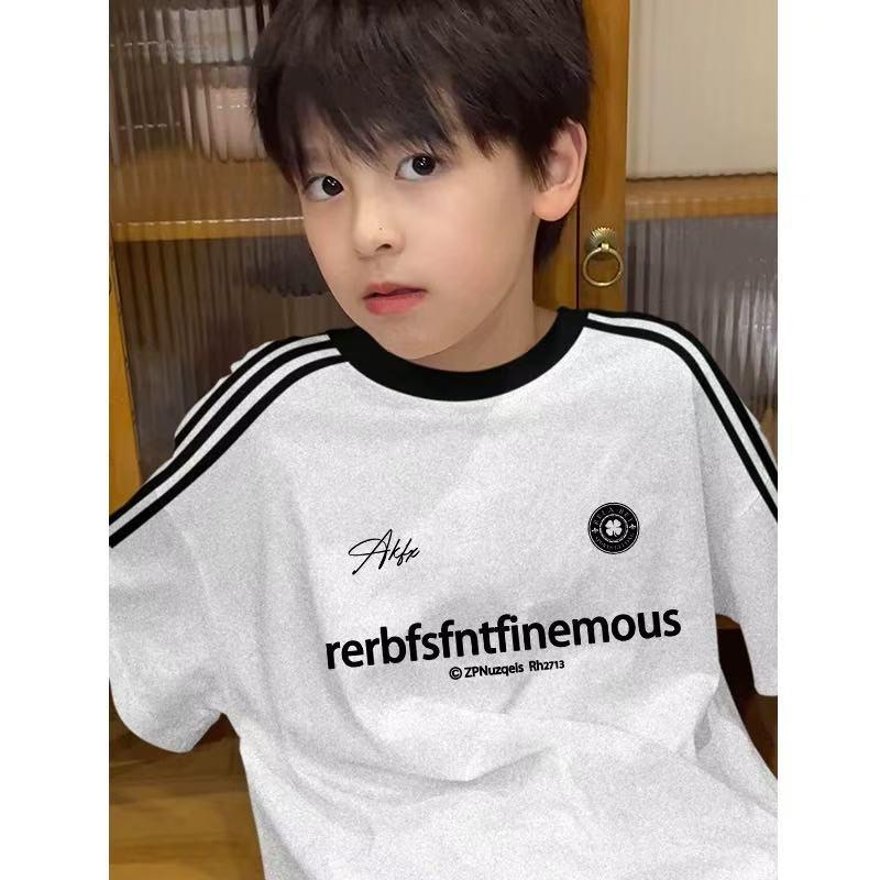 Stylish Boys' Letter Print Cotton T-Shirt, New Summer Style with Three Stripes.
