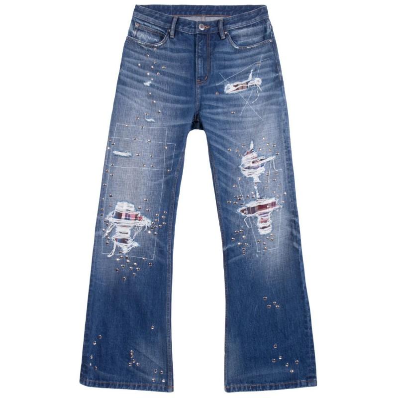 Mens Slim Fit Jeans Punk Style Distressed Printed Denim Pants Teens Casual Wear