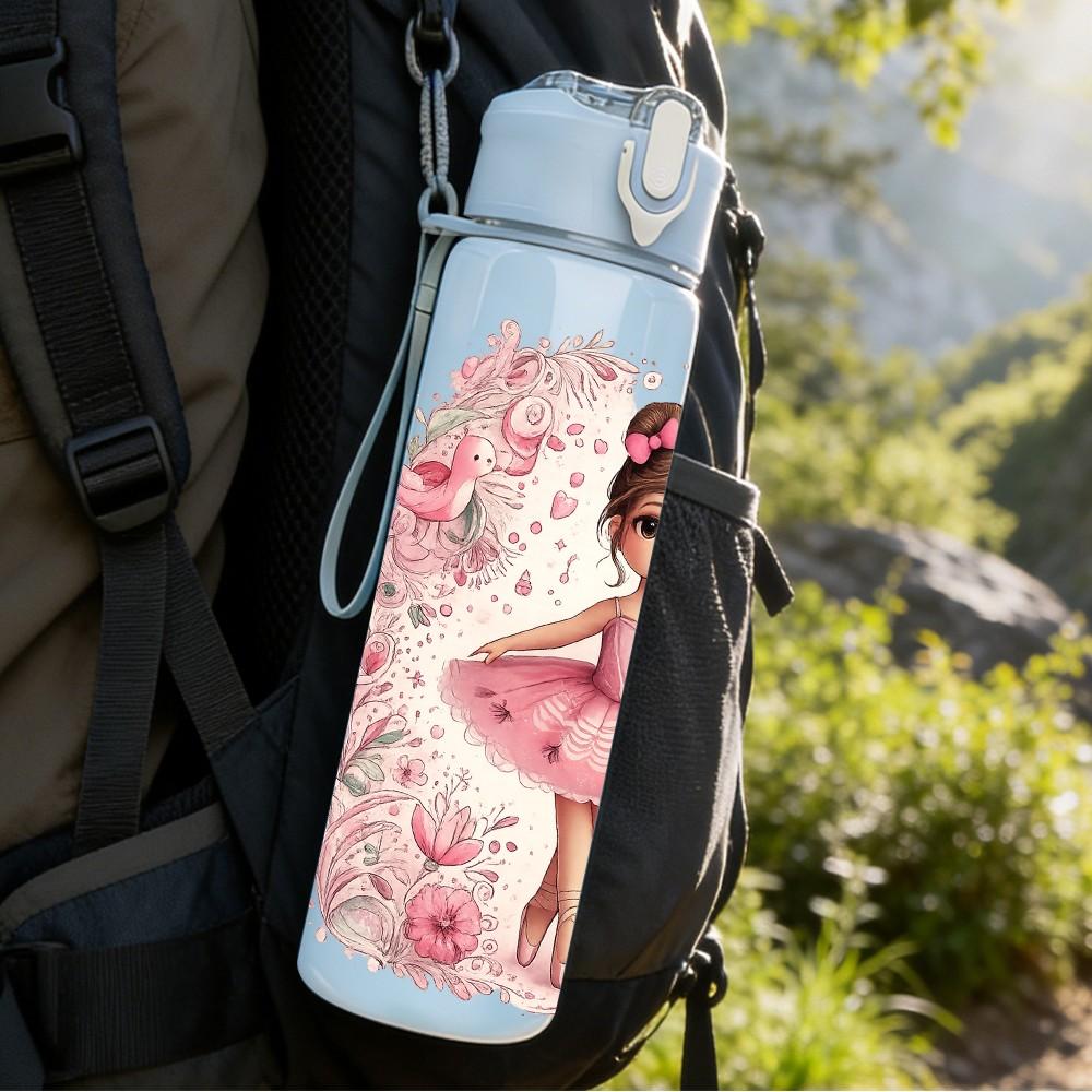 1PC Pink Floral Ballerina Girl Print 750ml Color Plastic Sports Water Bottle Leakproof Flip Straw Lid Suitable for Sports Office Home Use