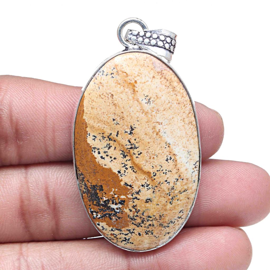 Pendant Picture Jasper Gemstone Handicraft Valentine'Day Silver Jewelry 2.25"