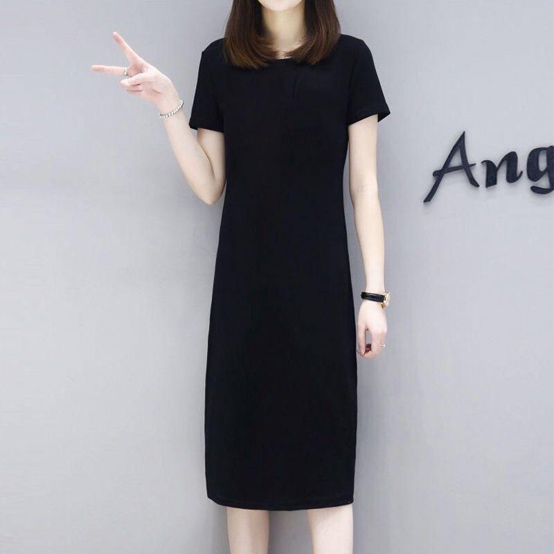 

2025 Plus Size Slimming Solid Color Summer Dress for Women – Casual European/American Style, Mid-Length, Short Sleeve S (Recommended 35-45kg)