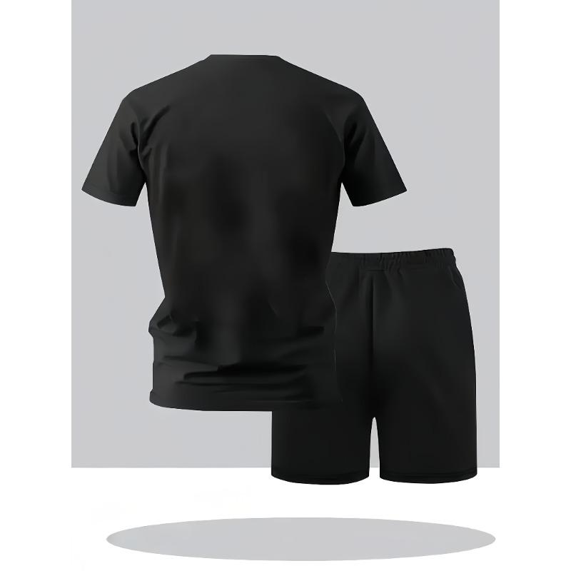 Men's two-piece trendy clothing casual round-neck short-sleeved T-shirt and drawstring shorts spring and summer sports set